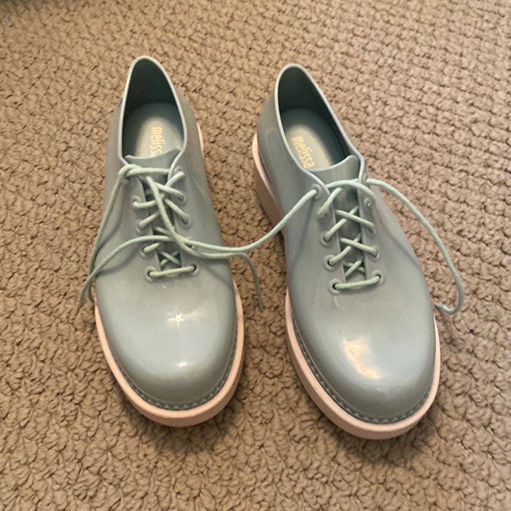 Melissa vegan loafers. Mint green. Worn once. Great condition. Size 6.